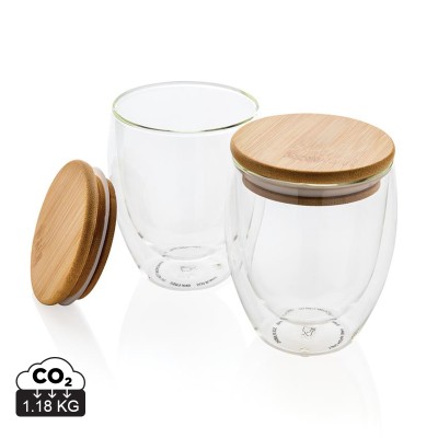 Set pahare borosilicate cu pereti dubli si capac bambus, 250ml